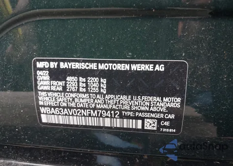 2022 BMW 430I Gran Coupe Gran Coupe из США, поврежденный, VIN WBA63AV02NFM79412